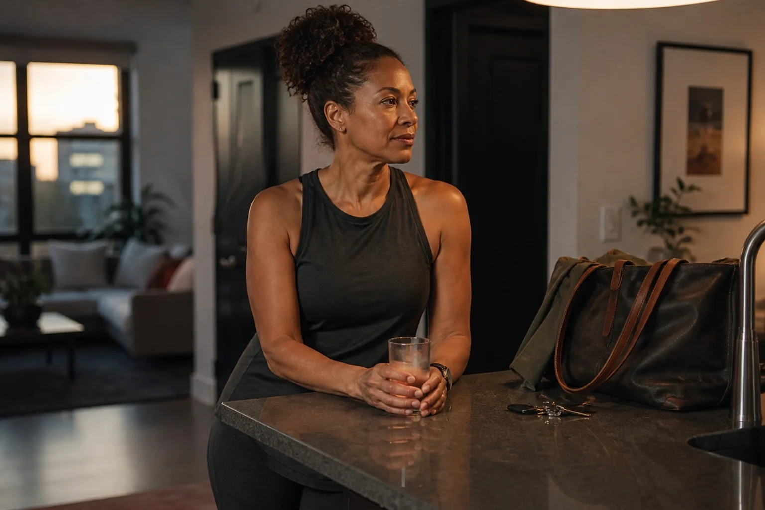 A woman pausing in her kitchen after a busy day.