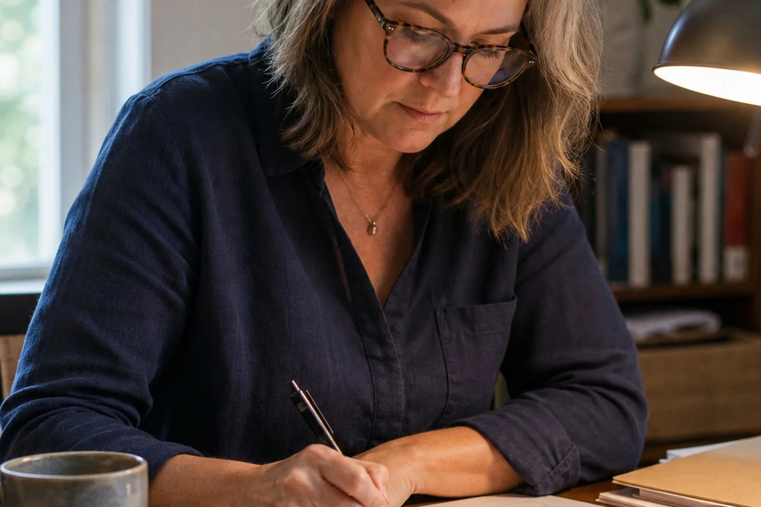 A person carefully reviewing notes for a custom plan.