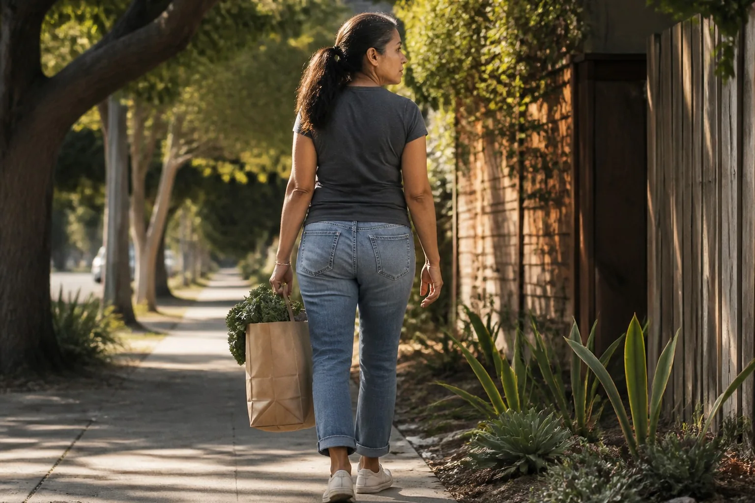 A woman carrying groceries through an ordinary afternoon.