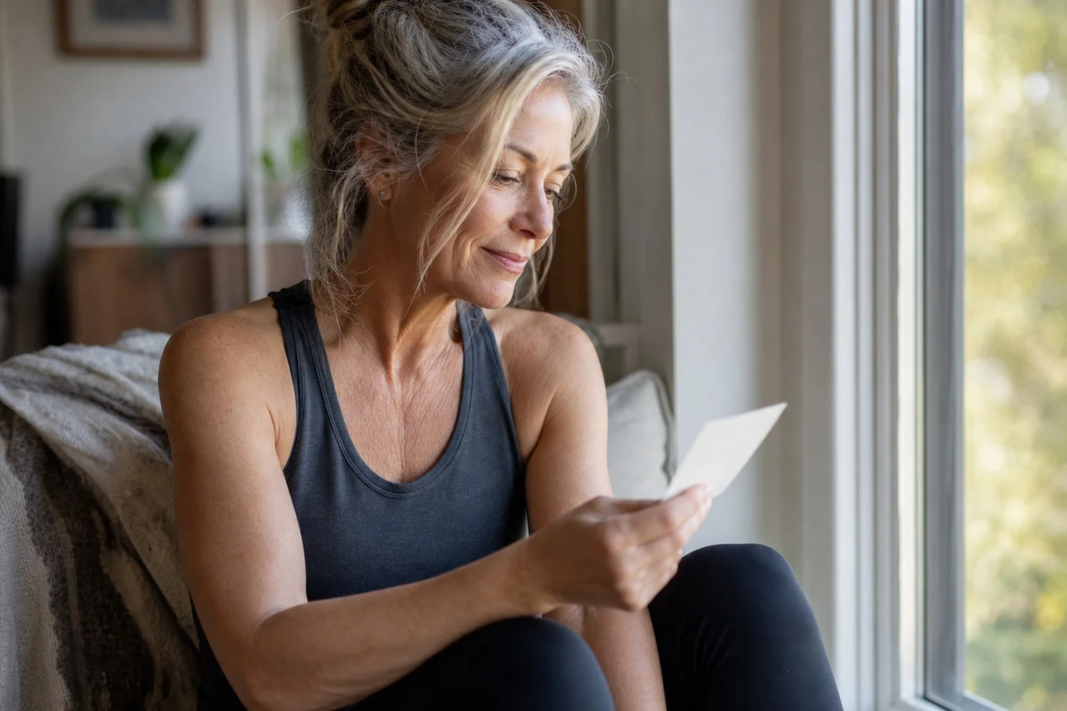 A woman feeling understood while reading a personal note.