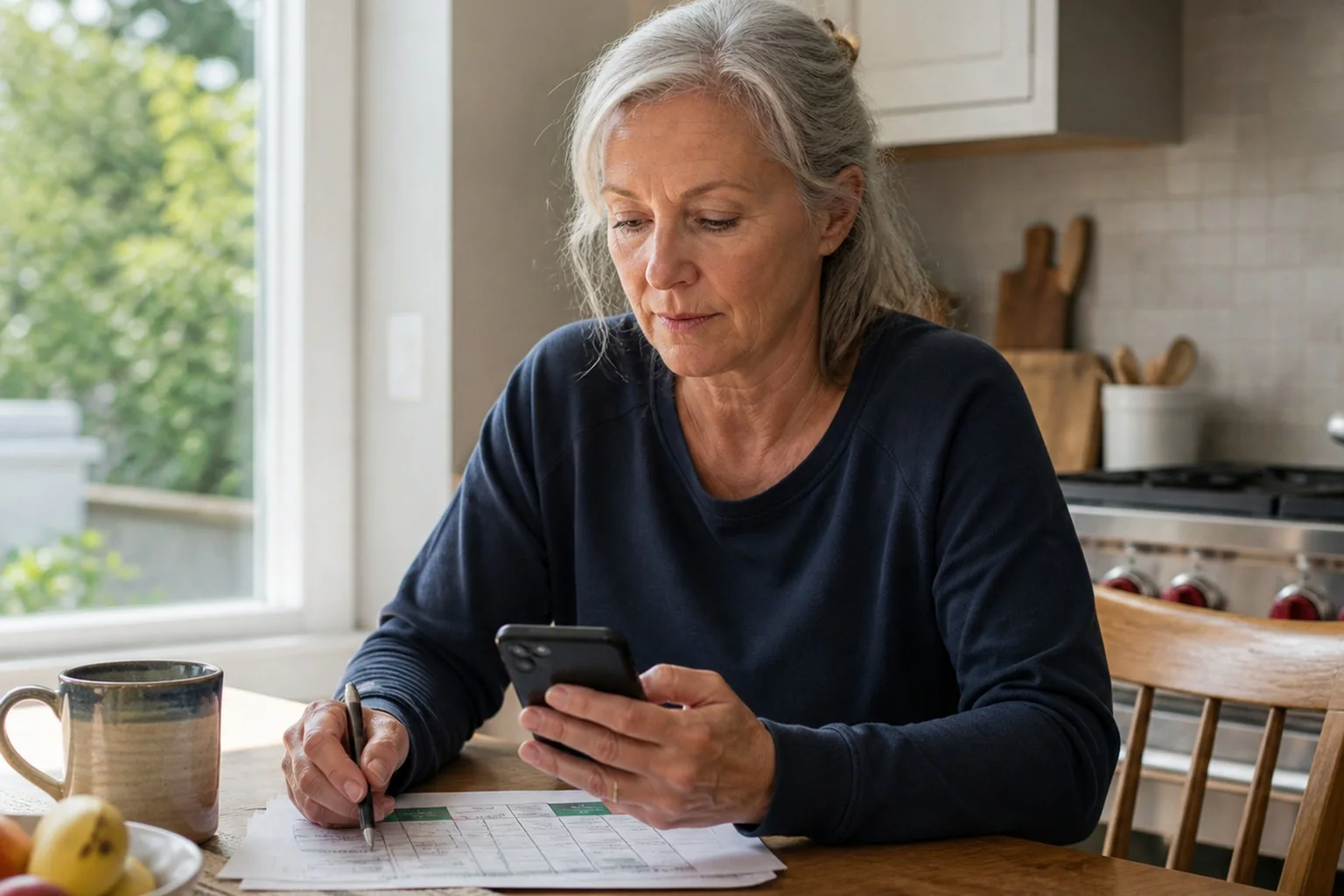 A woman holding her personal plan beside her phone.