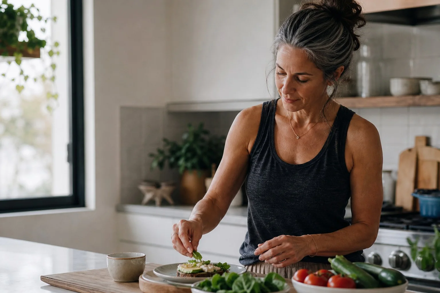 A woman moving through a relaxed morning in her kitchen.