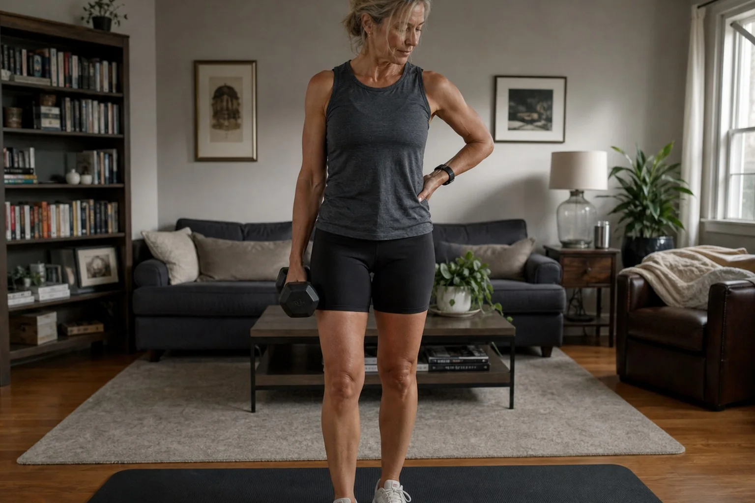 A woman finishing a simple strength session at home.