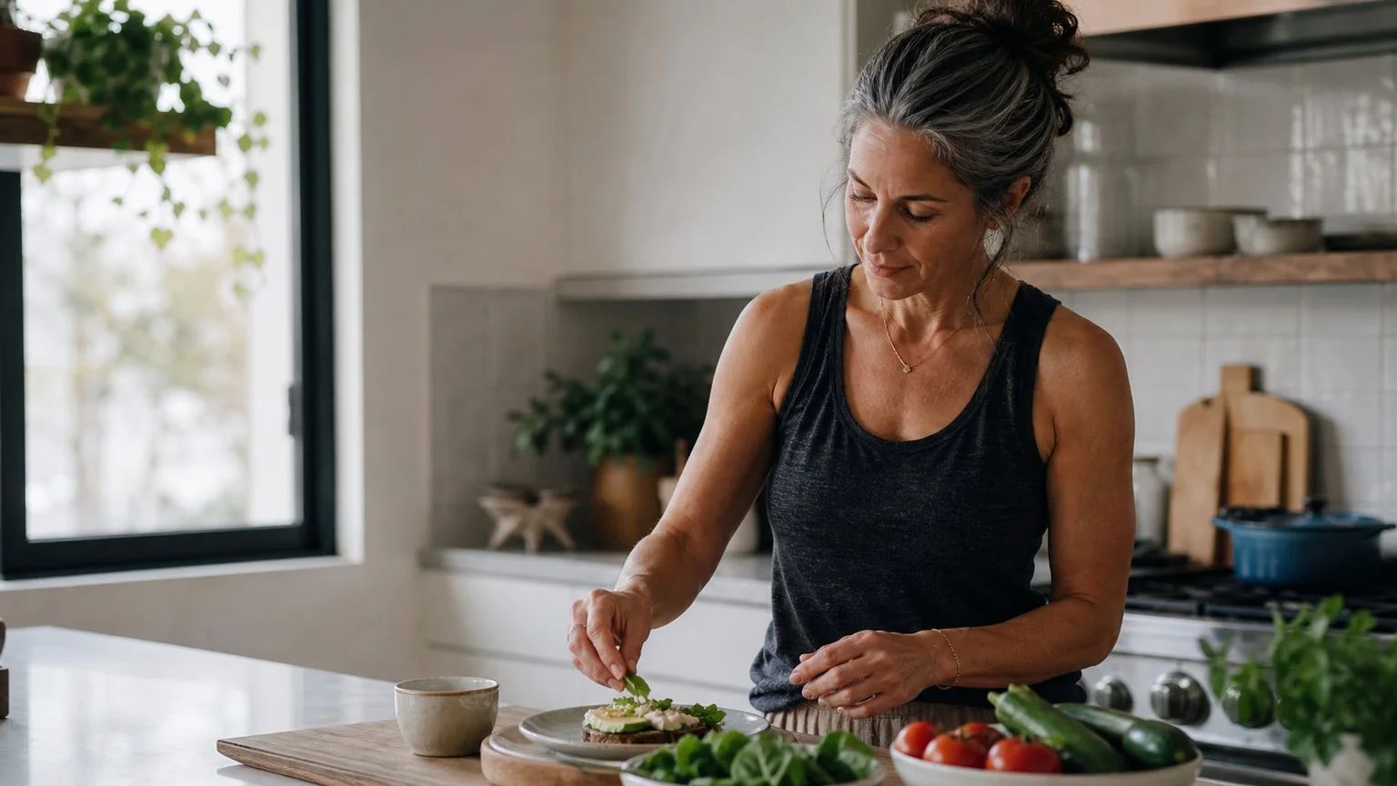 A woman in her fifties preparing chicken and vegetables in her kitchen.